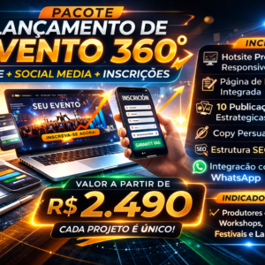 Ideal para produtores que desejam lançar um evento com estratégia digital profissional. O pacote inclui hotsite, página de inscrição e campanha de social media para gerar autoridade, engajamento e vendas.