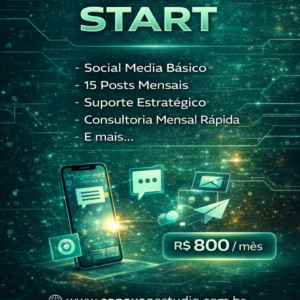 Plano mensal de Social Media. Inclui: Social media básico, Suporte estratégico, Consultoria mensal rápida e estratégia de conteúdo