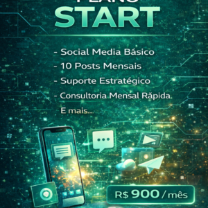 Plano mensal de Social Media. Inclui: Social media básico, Suporte estratégico, Consultoria mensal rápida e estratégia de conteúdo